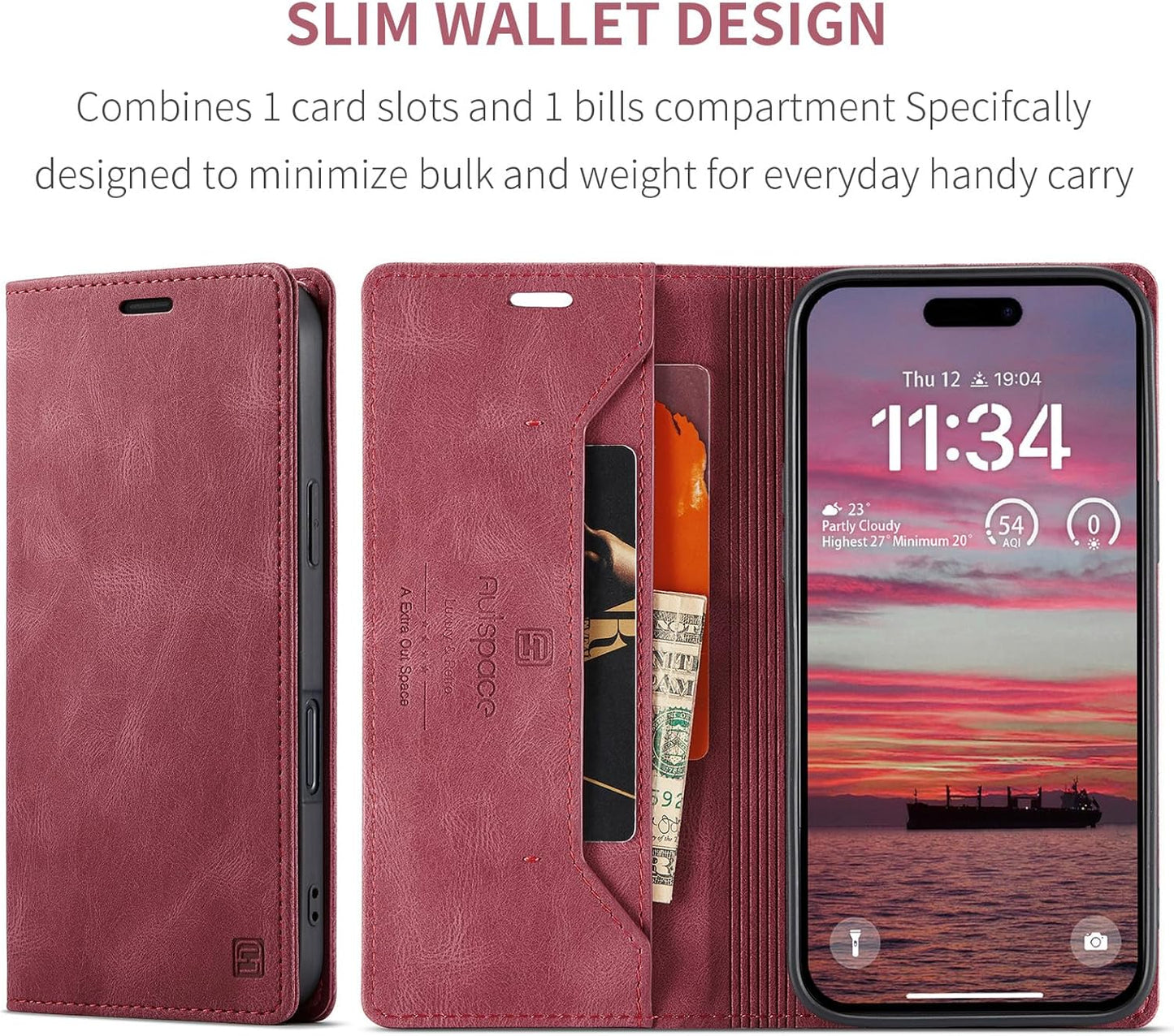 Retro frosted soft leather mobile phone case for iPhone 16, RFID (anti-theft swipe), wallet card slot flip cover stand, Red