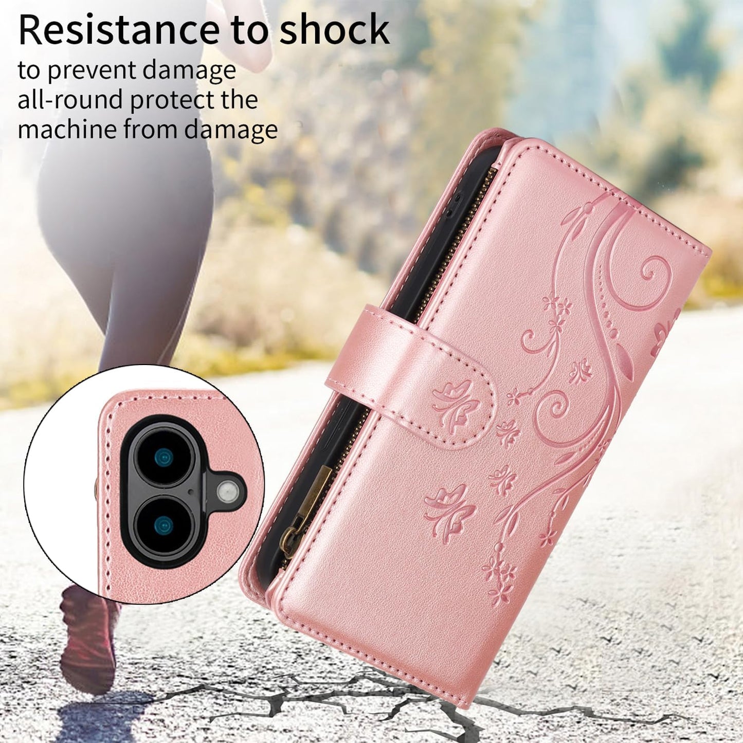 Orchid Butterfly Phone Case for iPhone 16 with Multiple Card Slots Wallet, Magnetic Closure Bracket, Shockproof Protective Phone Case Wristband