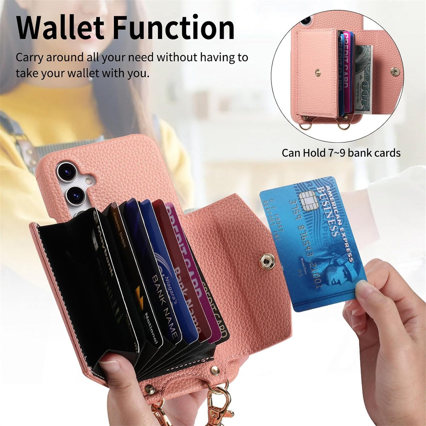 iTape Card Holder Wallet Phone Case for Samsung Galaxy A54 5G, Shockproof Ultra-thin Phone Case, Makeup Mirror with Crossbody Strap Brown