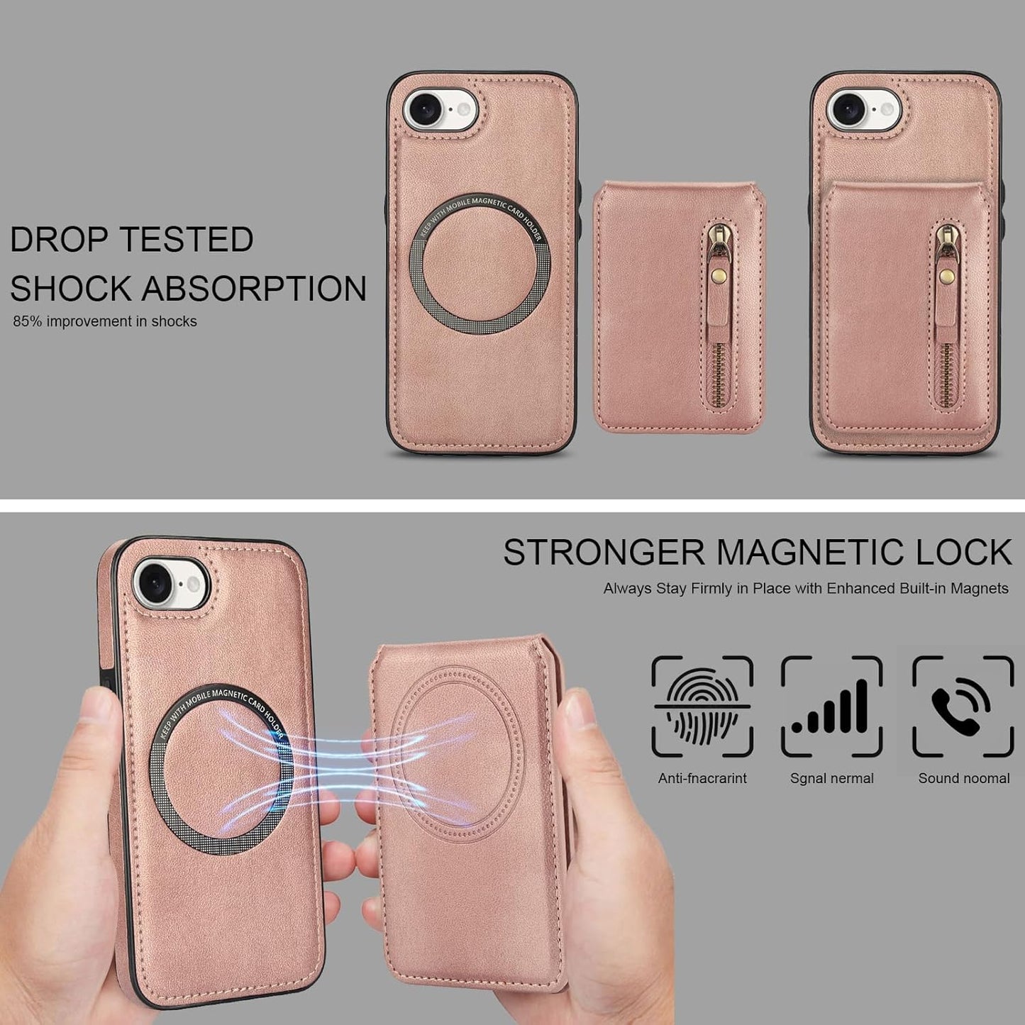 Magnetic card holder phone case suitable for iPhone 16E, zipper magnetic split magnetic wallet with adjustable bracket