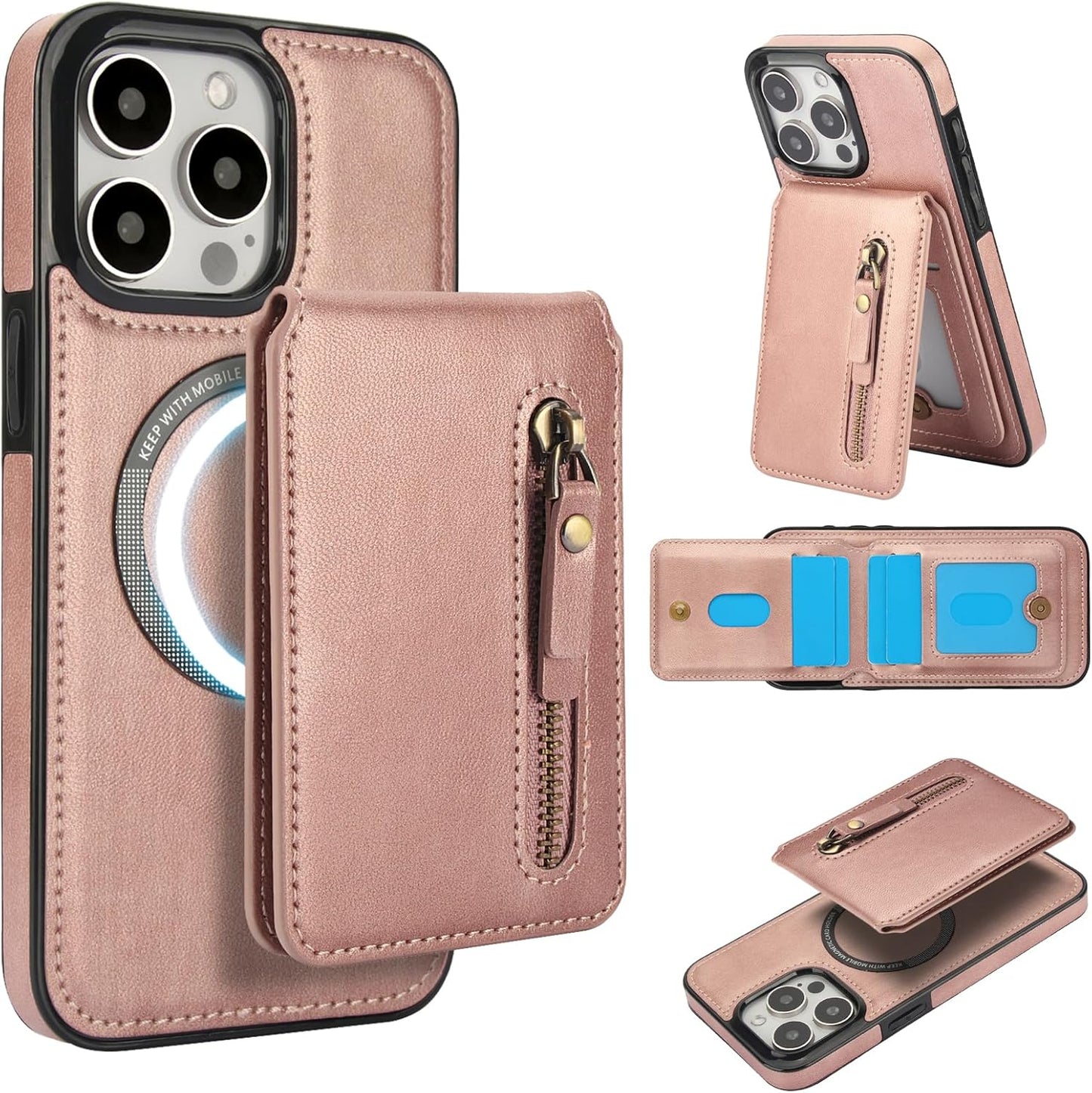 Magnetic card holder phone case suitable for iPhone 15 Pro max, zipper magnetic split magnetic wallet with adjustable bracket Brown