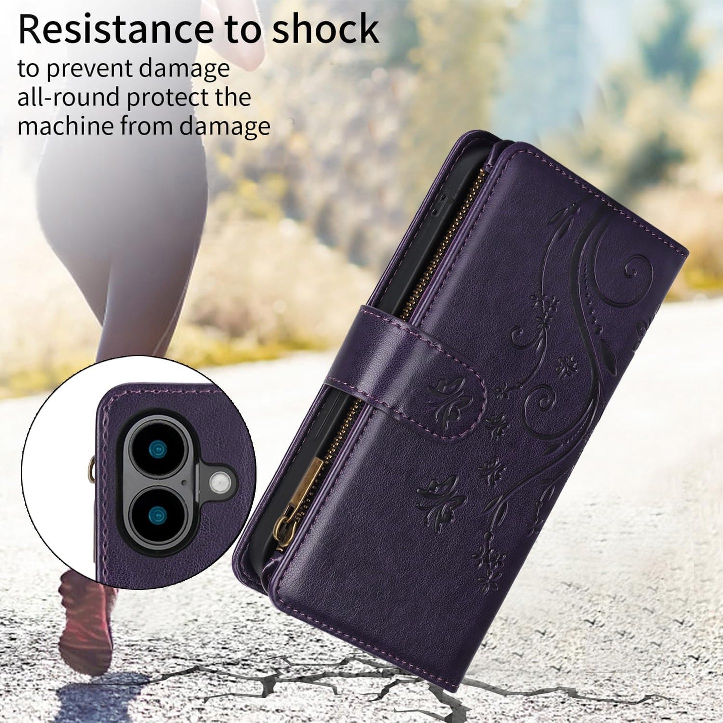 Orchid Butterfly Phone Case for iPhone 16 with Multiple Card Slots Wallet, Magnetic Closure Bracket, Shockproof Protective Phone Case Wristband