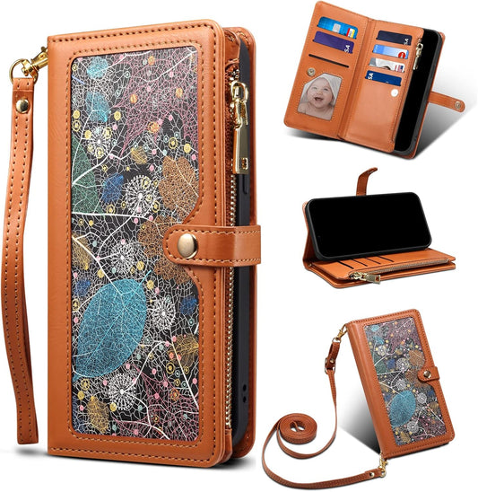 iTape Wallet case for Samsung Galaxy S24 Ultra, card slot photo frame flip stand phone protective case (RFID anti-theft brush) with wrist strap, cross-body strap Orange