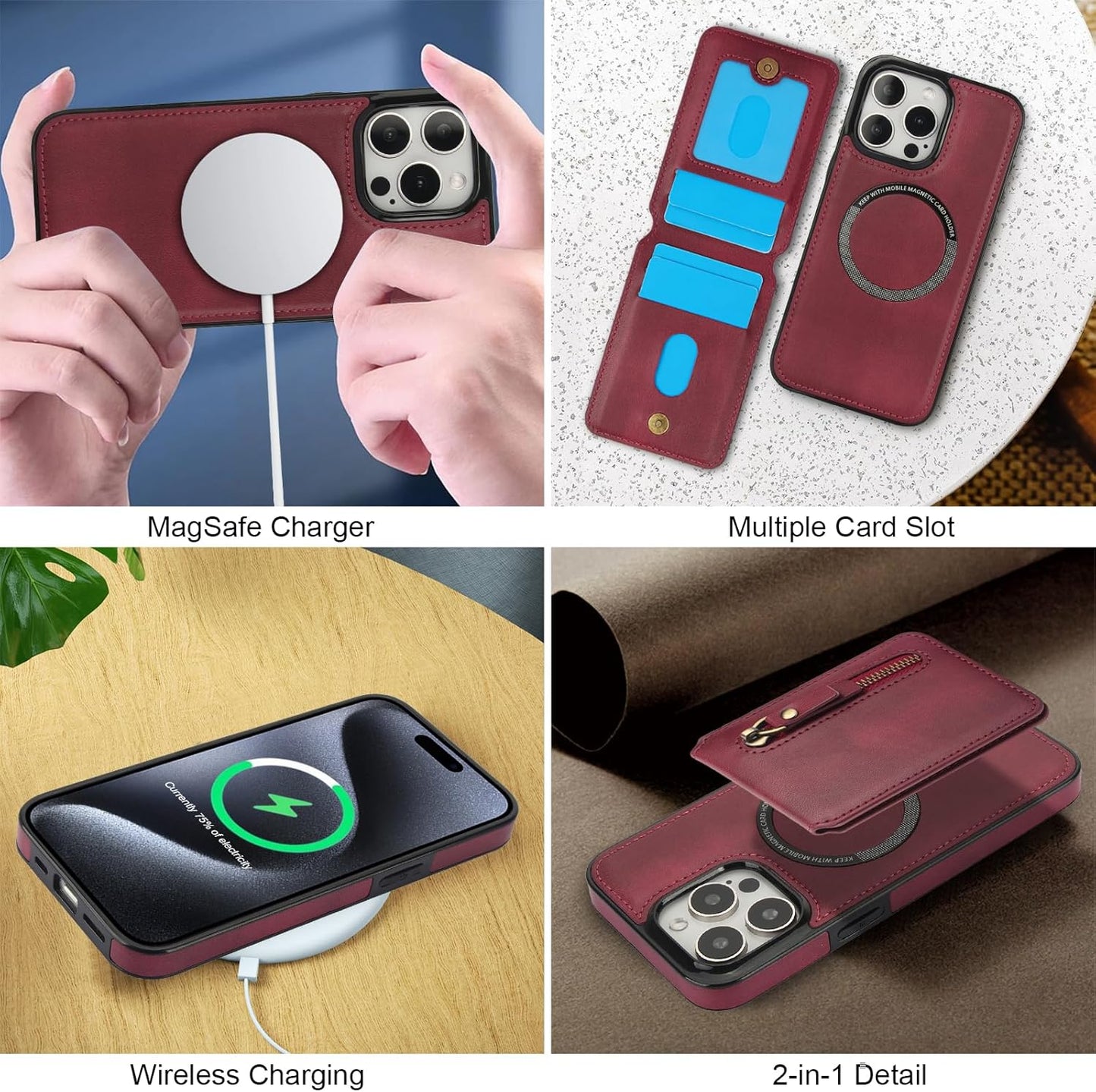 Magnetic card holder phone case suitable for iPhone 15 Pro max, zipper magnetic split magnetic wallet with adjustable bracket Brown