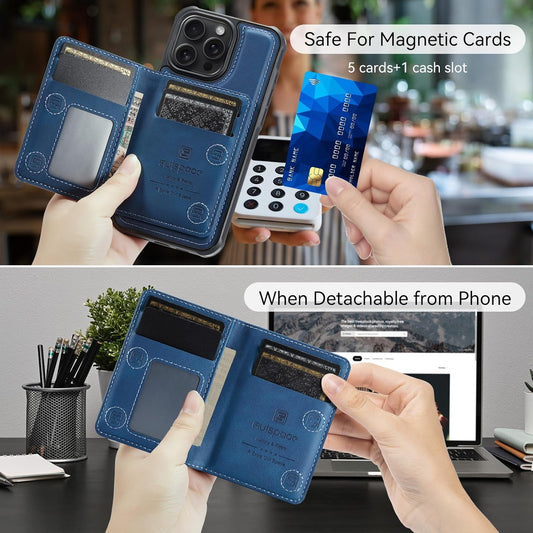 Double magnetic card holder mobile phone case for iPhone 16 Pro, RFID (anti-theft), supports car magnetic suction function + multi-directional bracket Blue