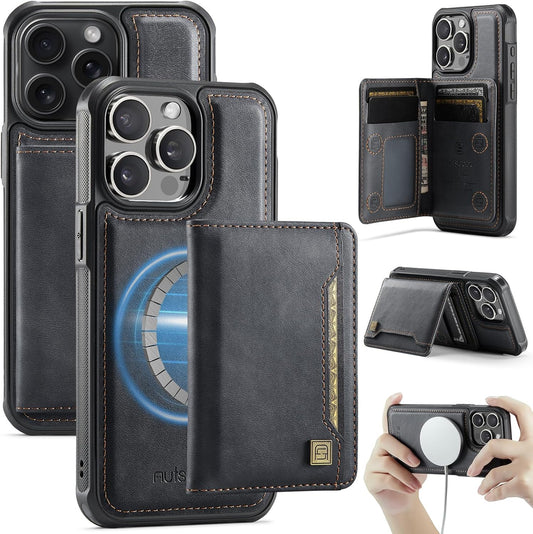 Double magnetic card holder mobile phone case for iPhone 15 Pro max, RFID (anti-theft), supports car magnetic suction function + multi-directional bracket Black