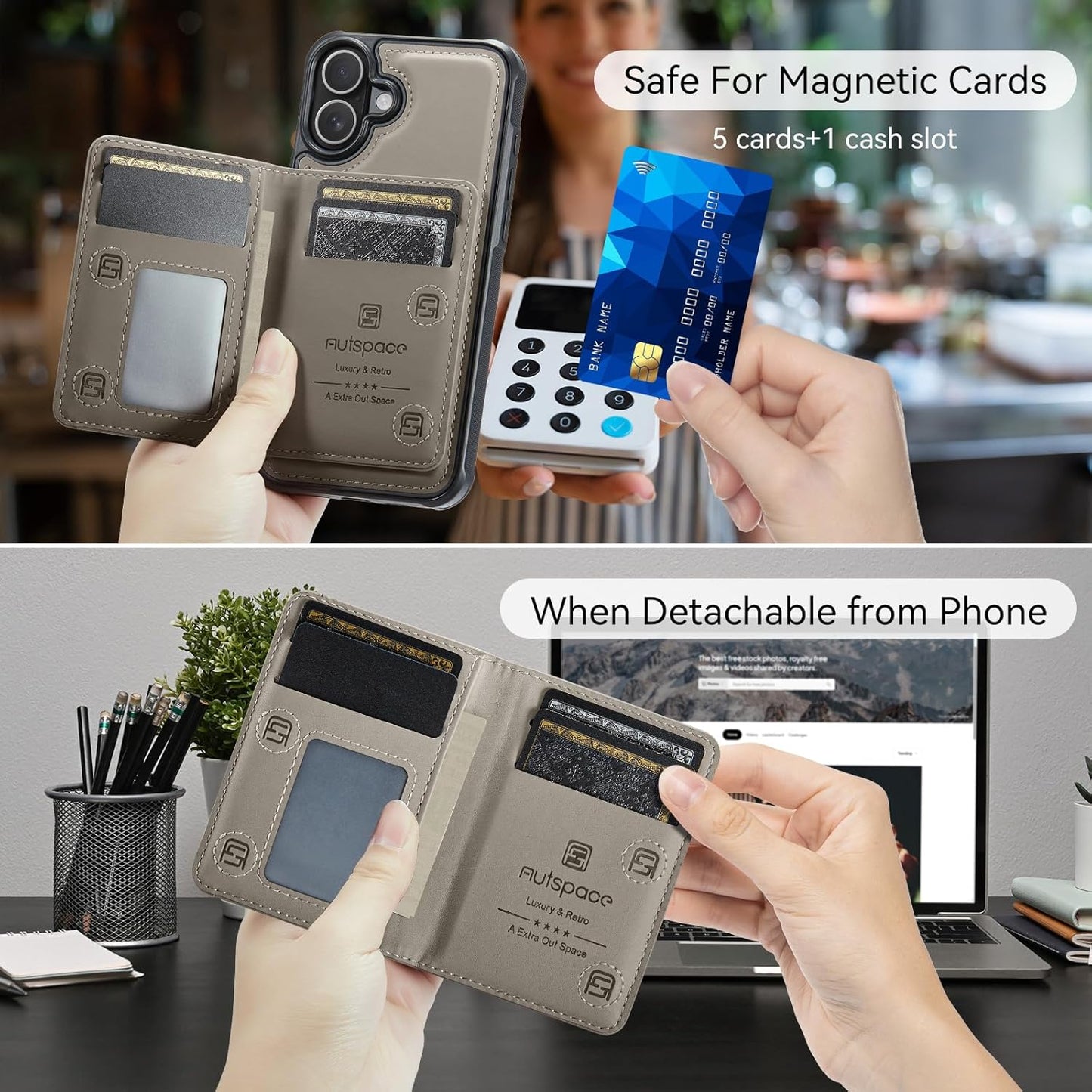 Double magnetic card holder mobile phone case for iPhone 16, RFID (anti-theft), supports car magnetic suction function + multi-directional bracket Blue