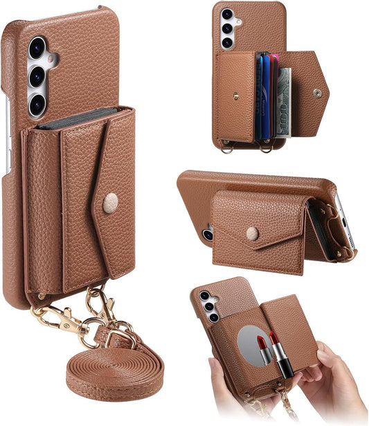 iTape Card Holder Wallet Phone Case for Samsung Galaxy A54 5G, Shockproof Ultra-thin Phone Case, Makeup Mirror with Crossbody Strap Brown