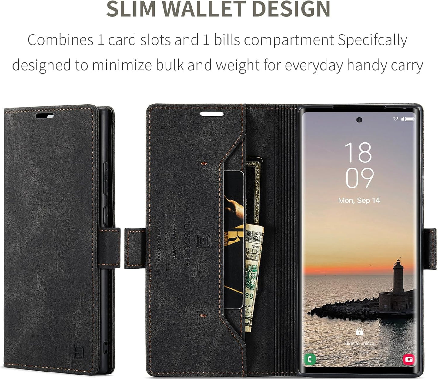 iTape Retro frosted soft leather mobile phone case for Samsung Galaxy S24 Ultra, RFID (anti-theft swipe), wallet card slot flip cover stand, Black