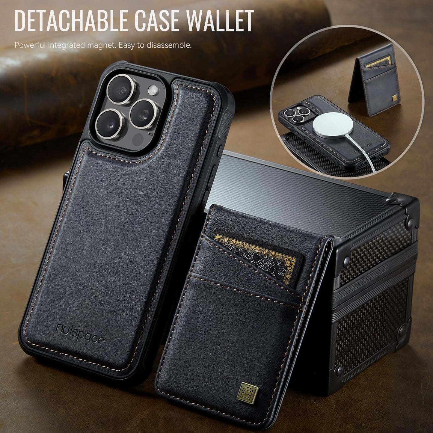 Up and down card holder mobile phone case suitable for iPhone 14 Pro max, RFID (anti-theft), supports car magnetic suction function, card slot wallet holder Black