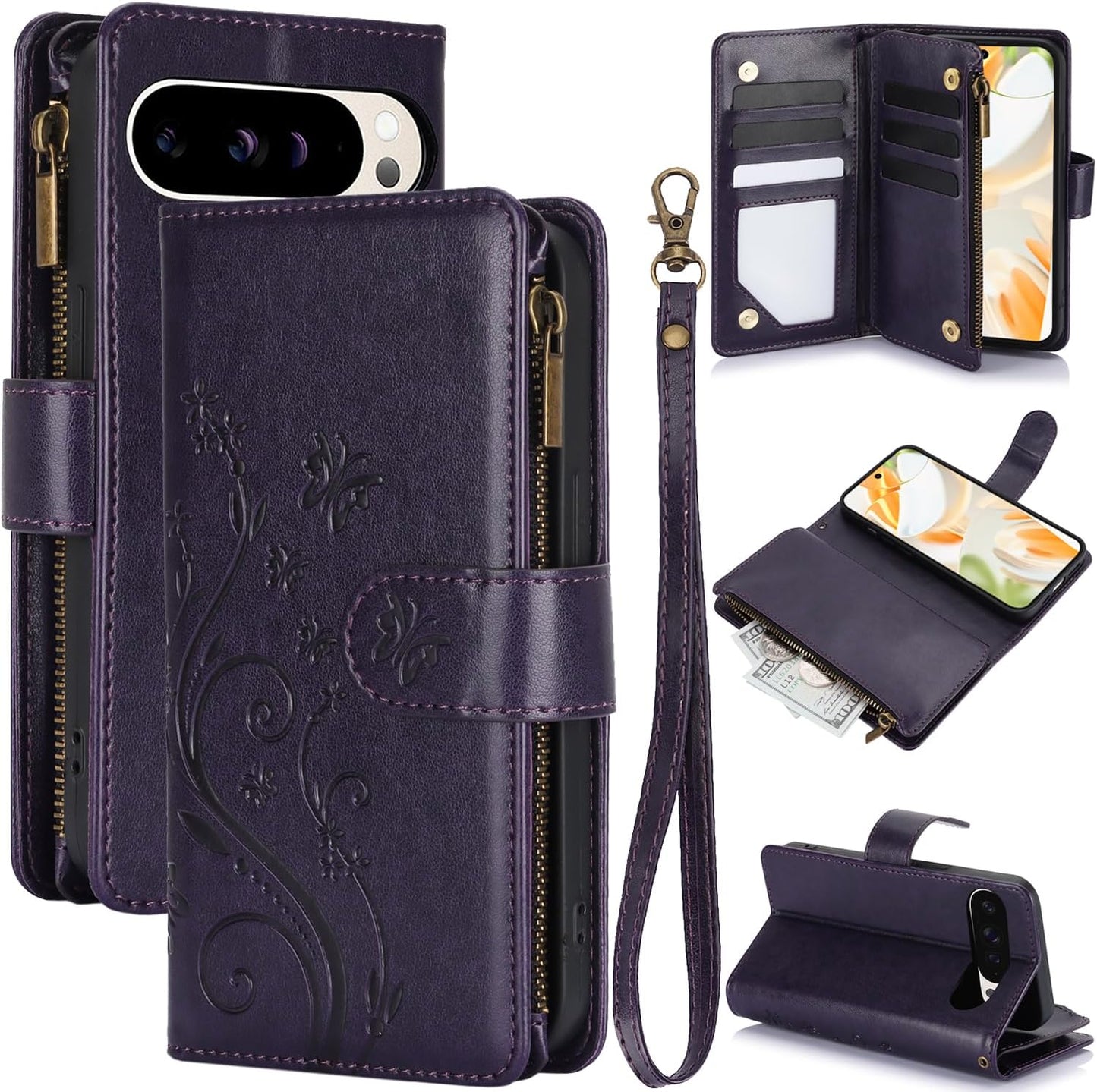 iTape Orchid Butterfly Phone Case for Google Pixel 9 with Multiple Card Slots Wallet, Magnetic Closure Bracket, Shockproof Protective Phone Case Wristband