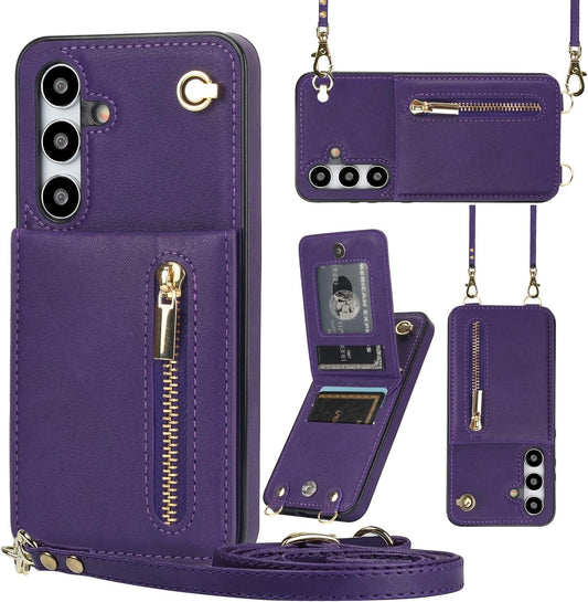 iTape Samsung Galaxy S24 plus Case Wallet, Zipper Coin Pouch, Credit Card Slot Holder, Wrist Strap, Samsung Galaxy S24 plus Case Adjustable Crossbody Lanyard [RFID Blocked] Purple
