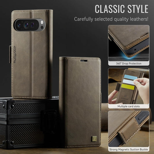iTape Soft leather wallet case for Google Pixel 9Pro, RFID (anti-theft), wallet card slot flip cover stand for Google Pixel 9Pro Support wireless charging Brown