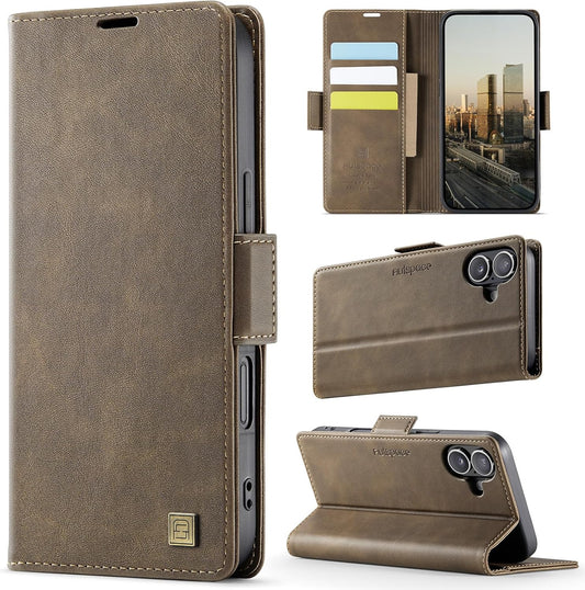 Soft leather wallet case for iPhone 16 Plus, RFID (anti-theft), wallet card slot flip cover stand for iPhone 16 Plus Support wireless charging Brown