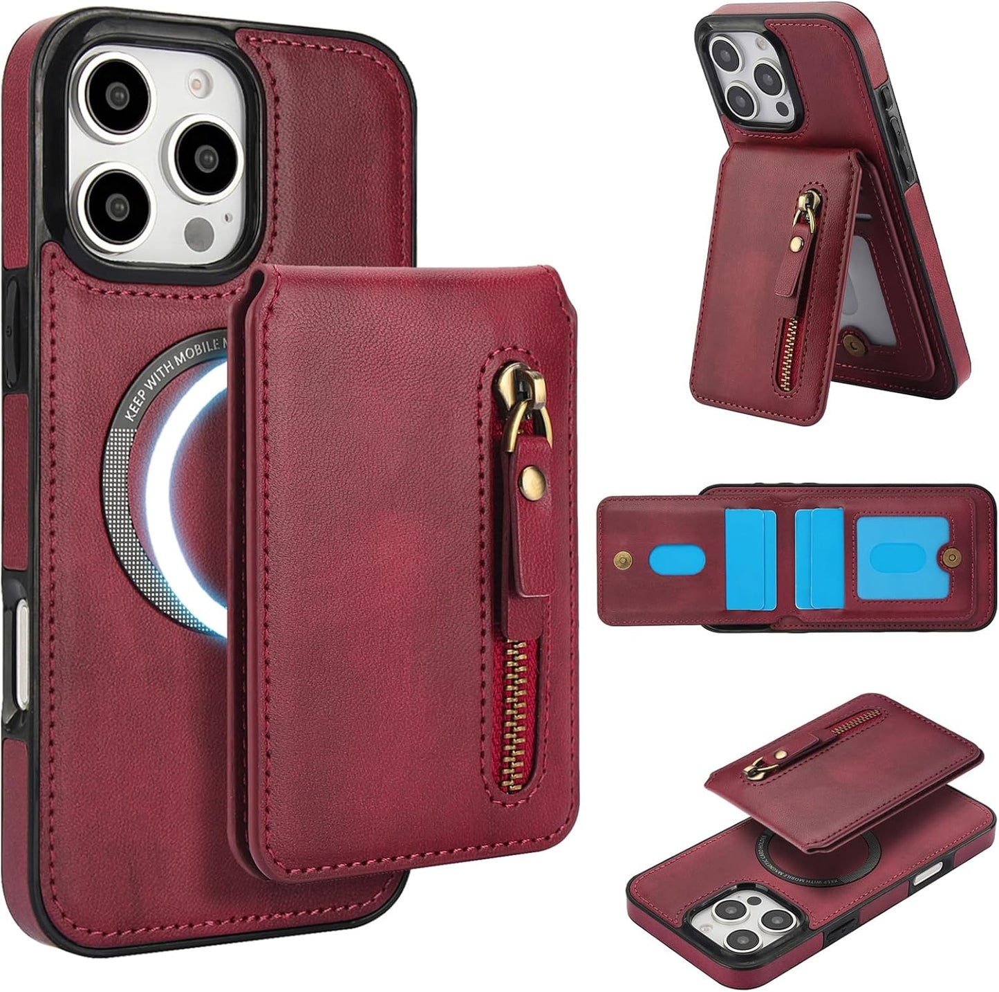 Magnetic card holder phone case suitable for iPhone 16 Pro, zipper magnetic split magnetic wallet with adjustable bracket Brown