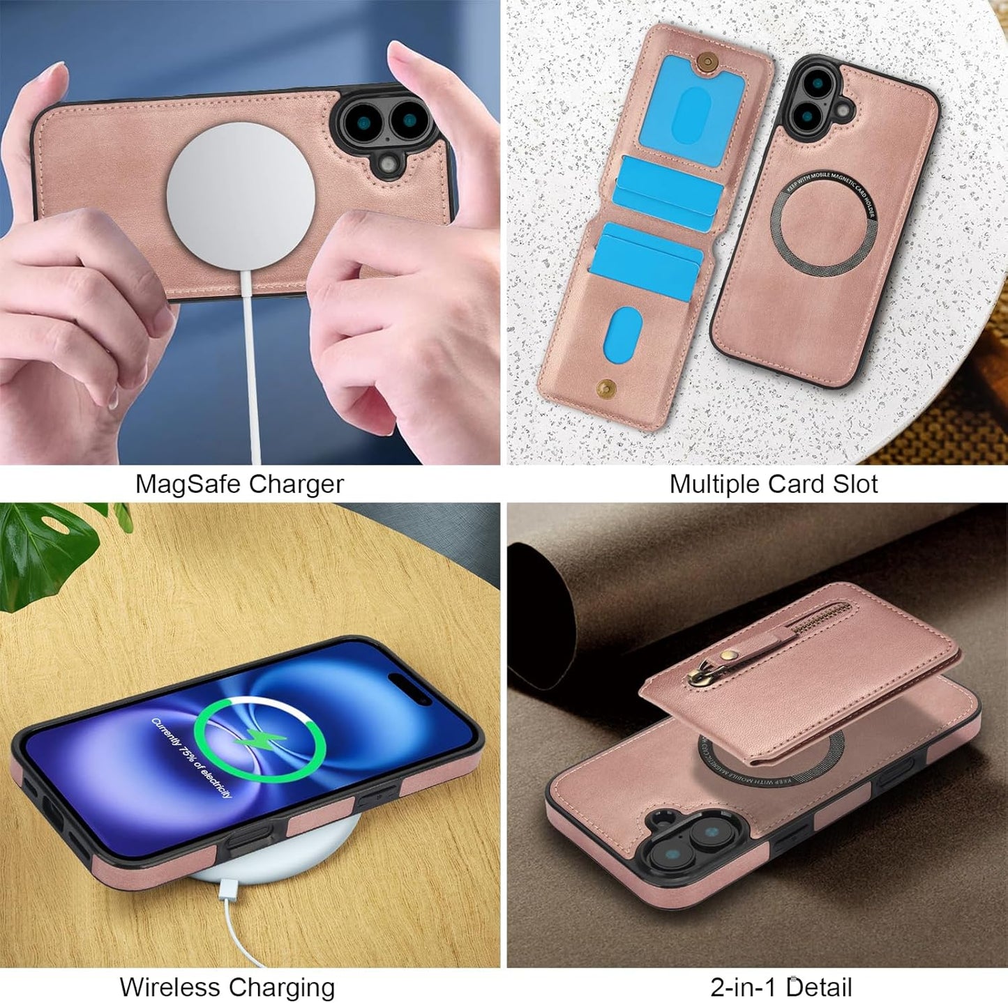 Magnetic card holder phone case suitable for iPhone 16, zipper magnetic split magnetic wallet with adjustable bracket Red