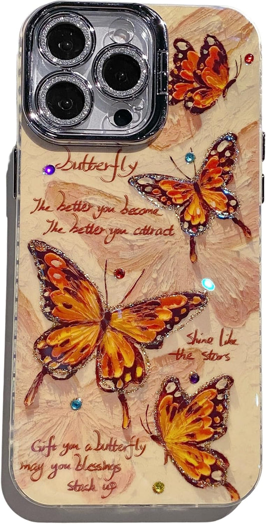 Leopard Brown Butterfly Case for iPhone 15 Pro max, Shock and Drop Resistant Case with Silver Grey Glitter Lens Protection + Stand