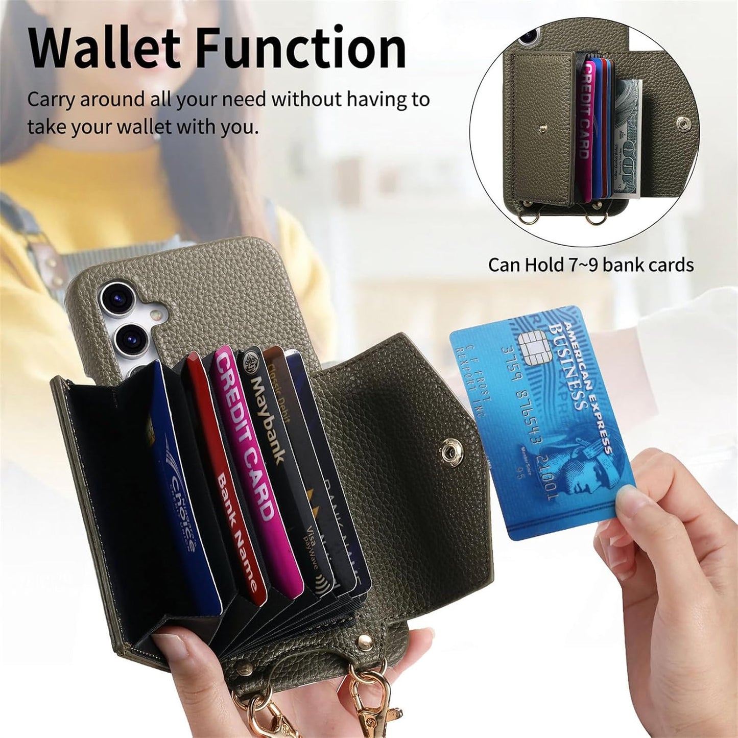 iTape Card Holder Wallet Phone Case for Samsung Galaxy A54 5G, Shockproof Ultra-thin Phone Case, Makeup Mirror with Crossbody Strap Brown
