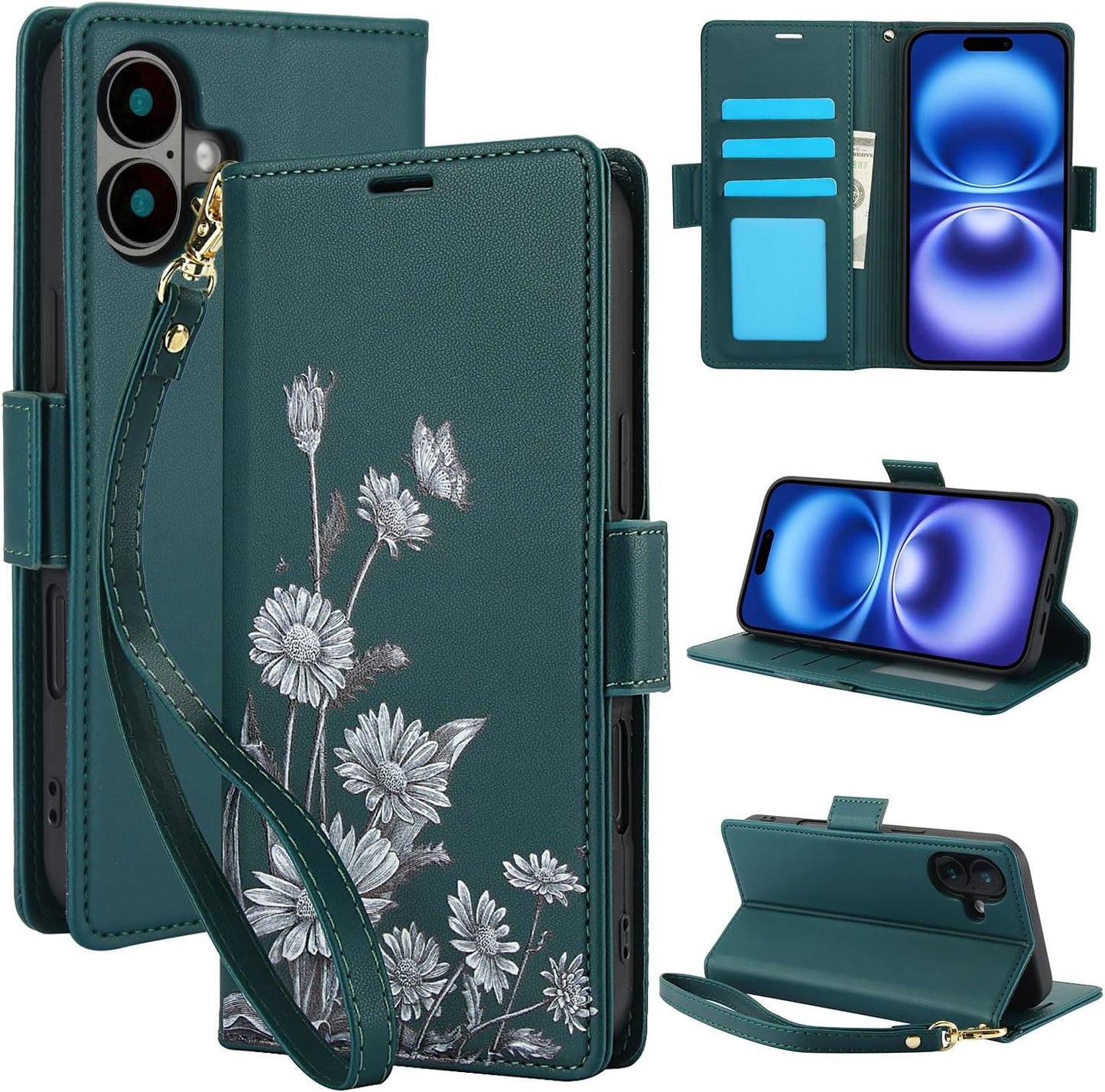 Printed Wallet Phone Case for iPhone 16 Plus, RFID (Anti-Theft), Wallet Flip Stand with Wrist Strap for iPhone 16 Plus Rose Gold
