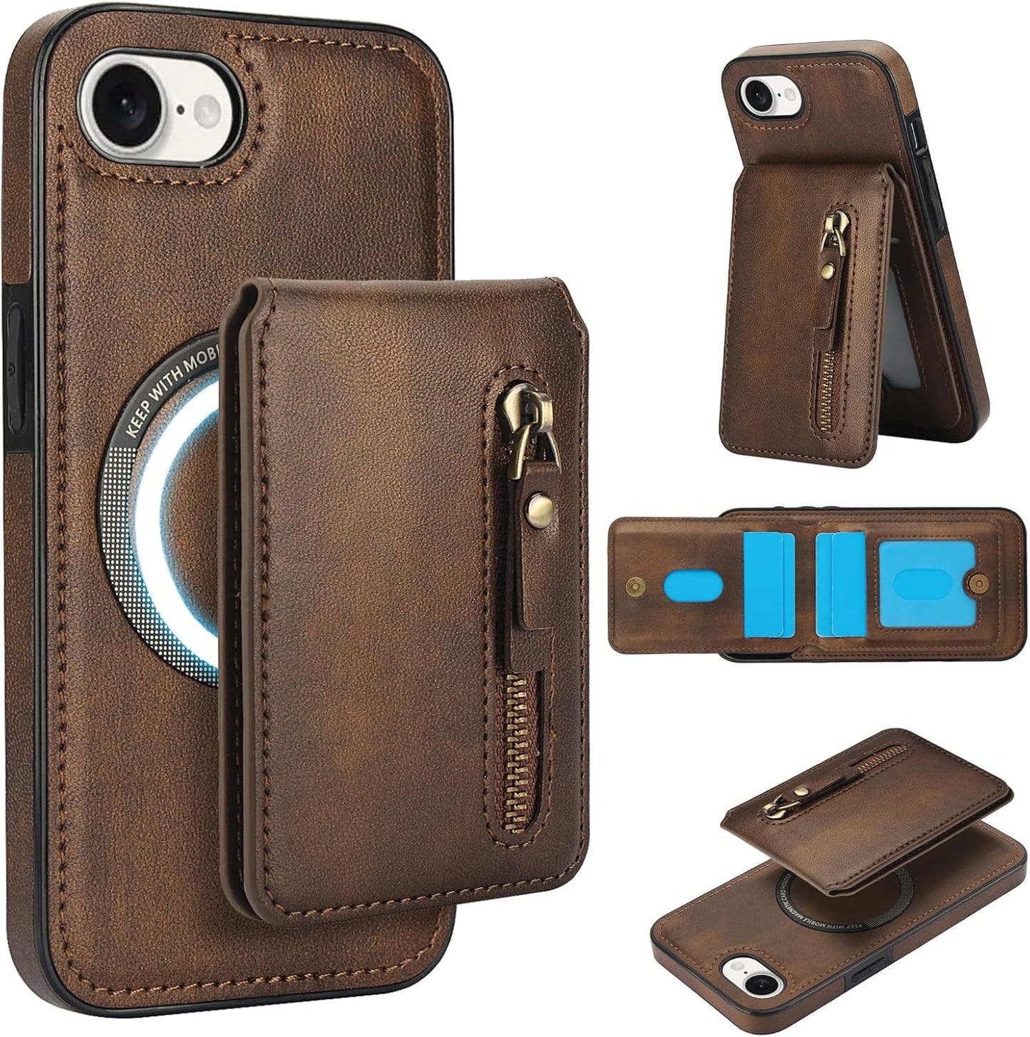 Magnetic card holder phone case suitable for iPhone 16E, zipper magnetic split magnetic wallet with adjustable bracket