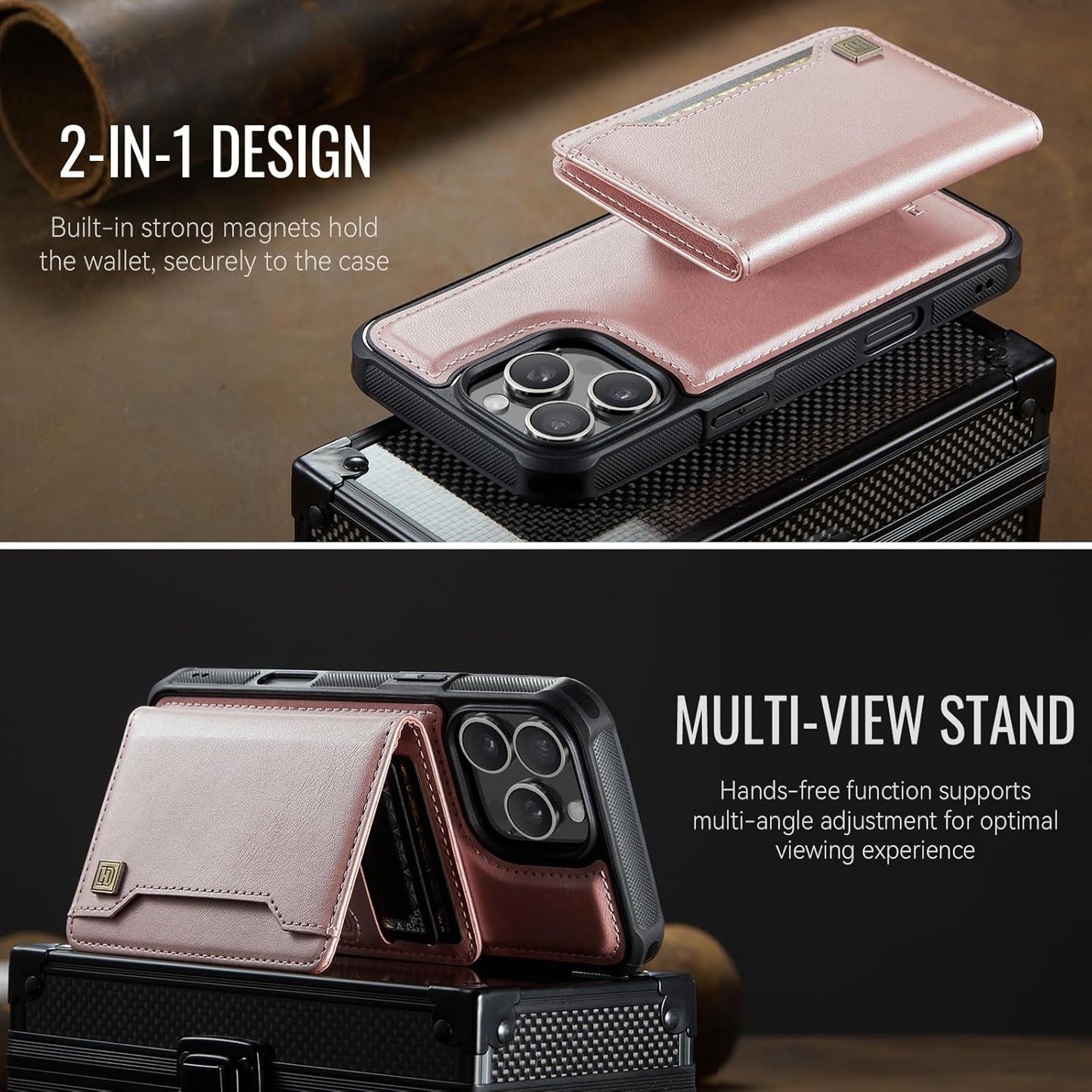 Double magnetic card holder mobile phone case for iPhone 16 Pro max, RFID (anti-theft), supports car magnetic suction function + multi-directional bracket Rose Gold