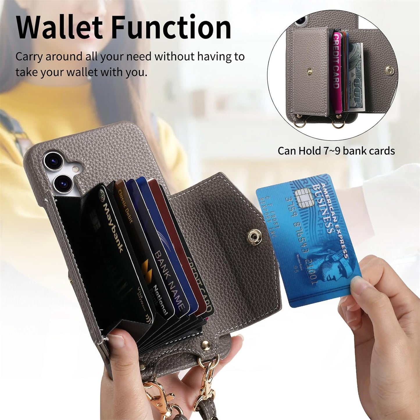 iTape Card Holder Wallet Phone Case for Samsung Galaxy A54 5G, Shockproof Ultra-thin Phone Case, Makeup Mirror with Crossbody Strap Brown