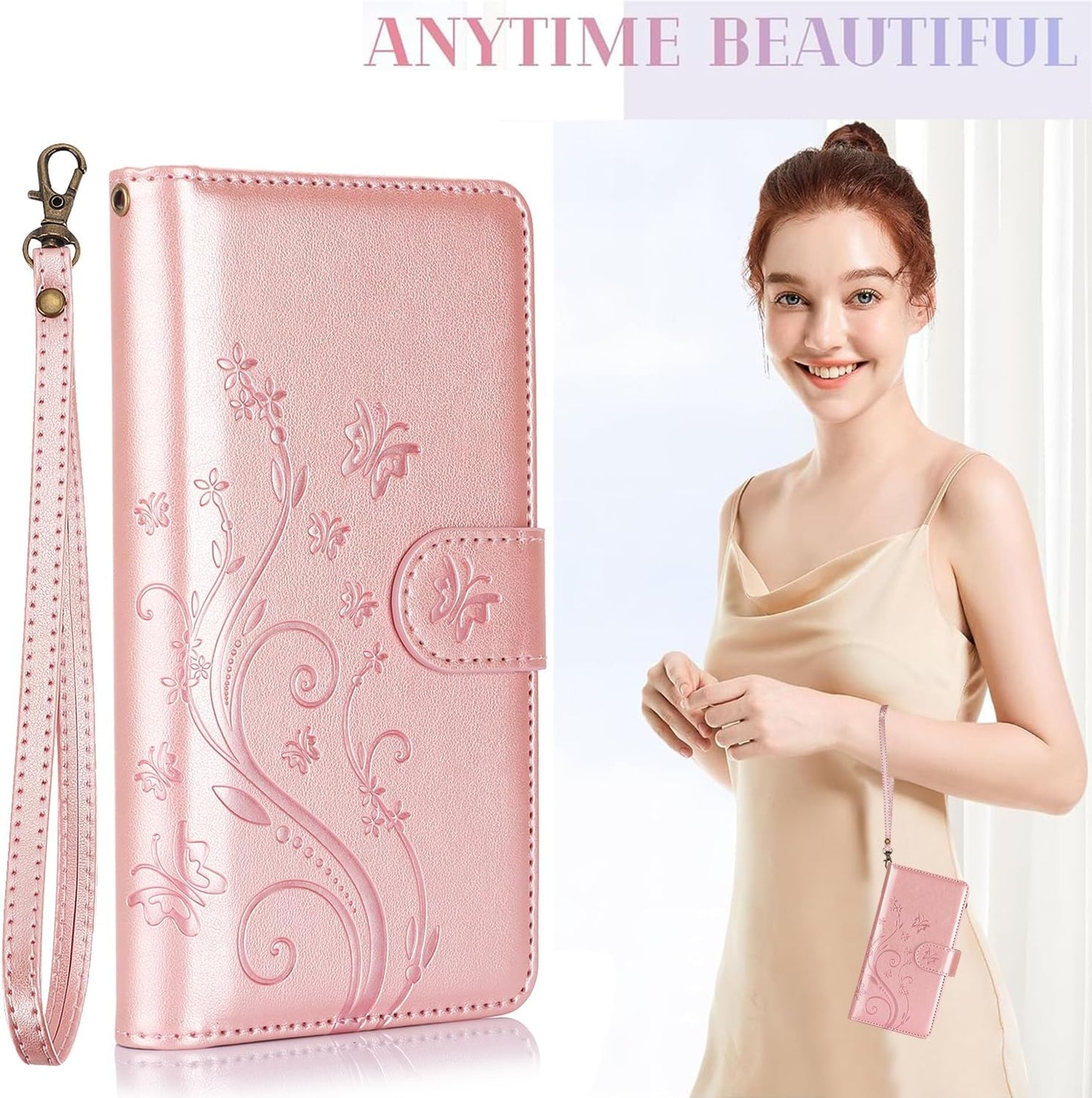 iTape Orchid Butterfly Phone Case for Google Pixel 9 with Multiple Card Slots Wallet, Magnetic Closure Bracket, Shockproof Protective Phone Case Wristband