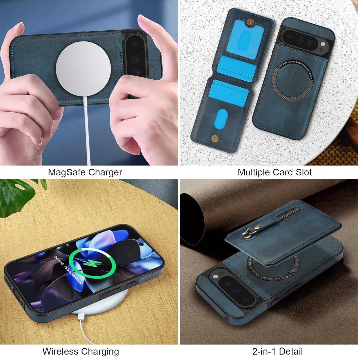 iTape Magnetic card holder phone case suitable for Google Pixel 9 Pro, zipper magnetic split magnetic wallet with adjustable bracket