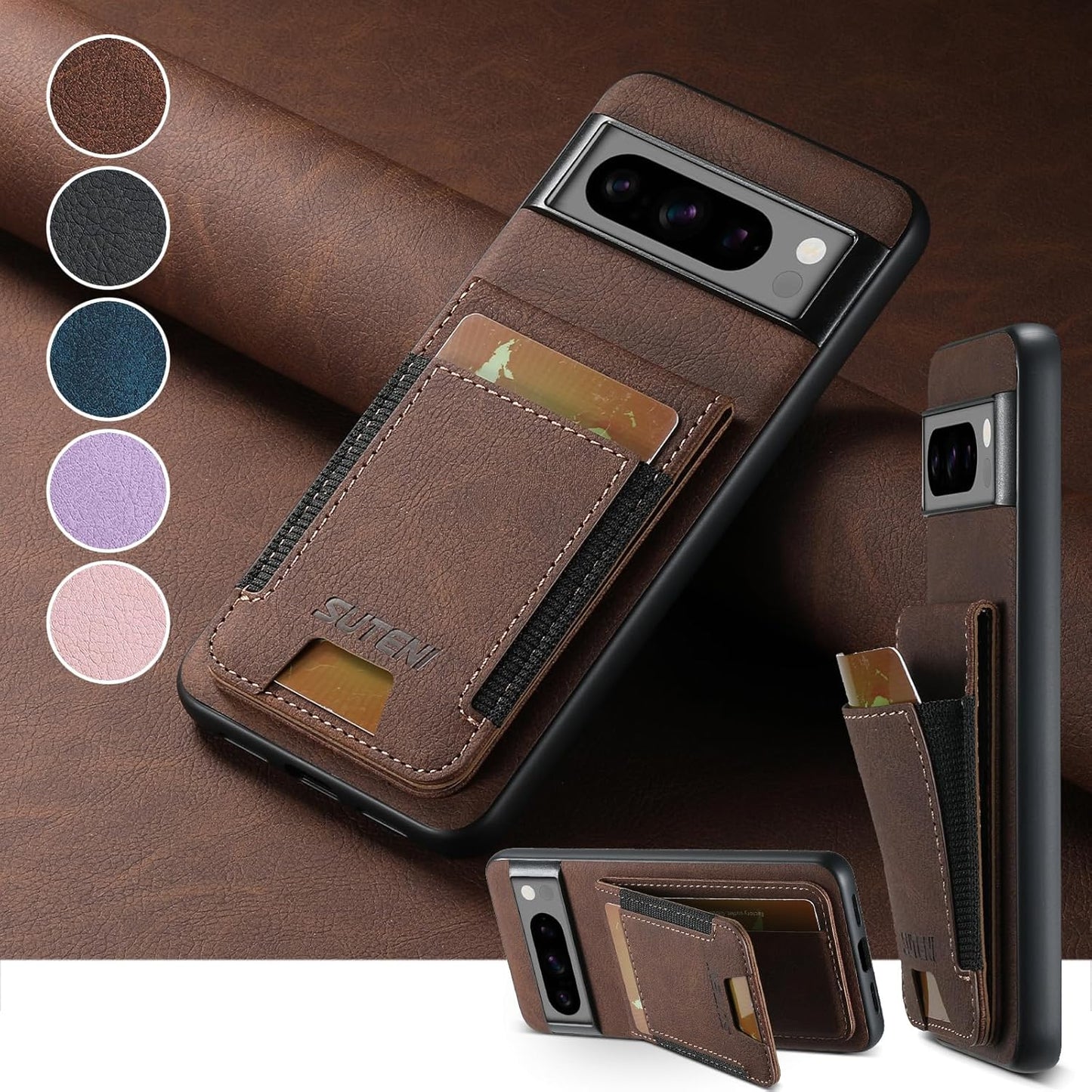 iTape Litchi Texture Phone Case for Google Pixel 8 Pro - Ultra-thin Simple Card Holder Phone Case with Stand Durable Buffer [Shockproof TPU Inner Shell] Black