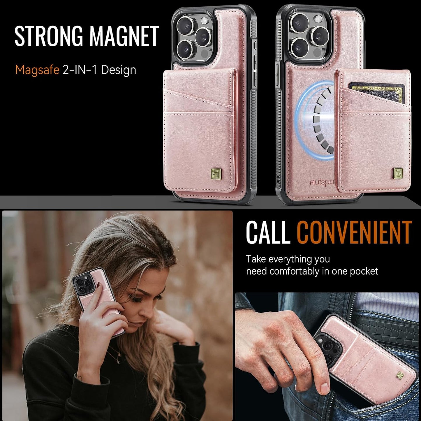 Up and down card holder mobile phone case suitable for iPhone 14 Pro max, RFID (anti-theft), supports car magnetic suction function, card slot wallet holder Black
