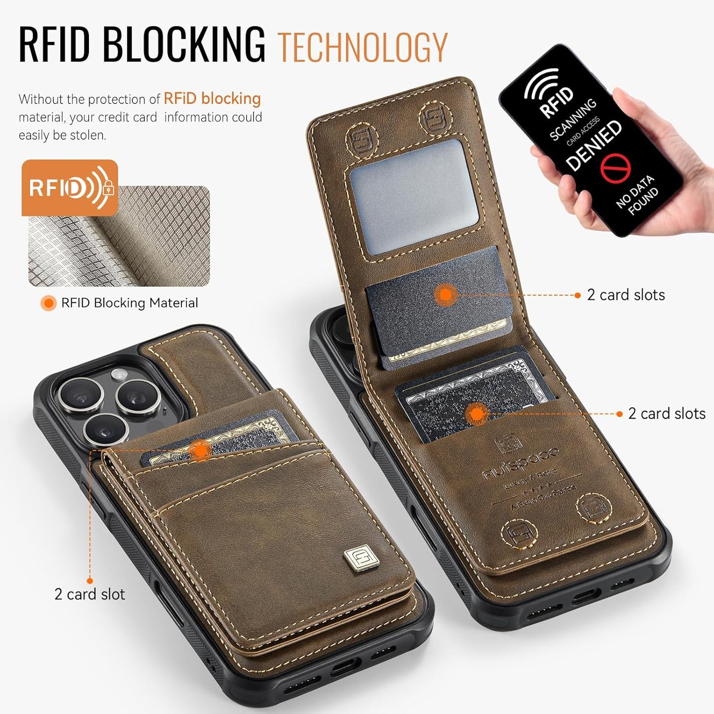 Up and down card holder mobile phone case suitable for iPhone 16 Pro, RFID (anti-theft), supports car magnetic suction function, card slot wallet holder Blue
