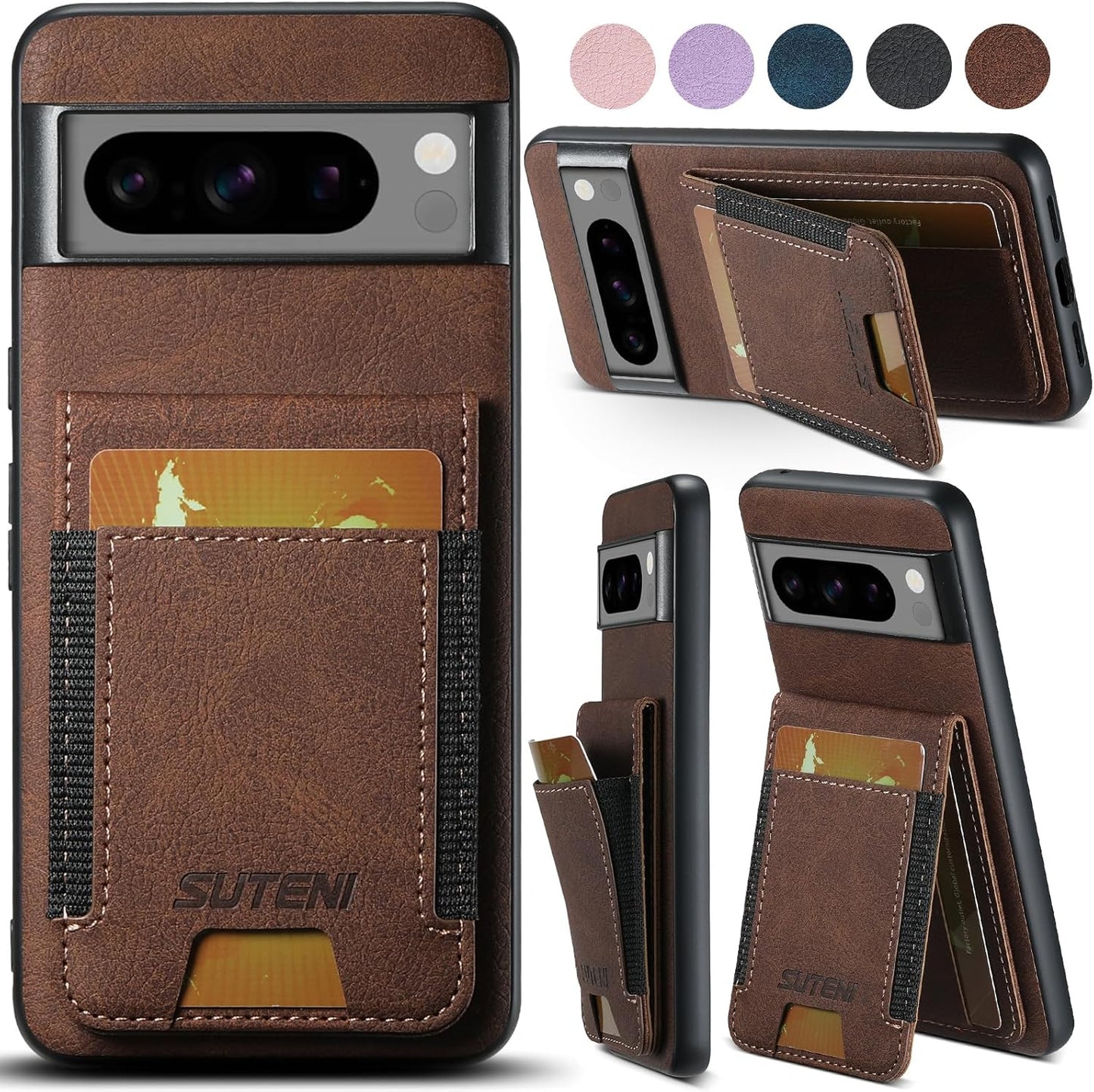 iTape Litchi Texture Phone Case for Google Pixel 8 Pro - Ultra-thin Simple Card Holder Phone Case with Stand Durable Buffer [Shockproof TPU Inner Shell] Black