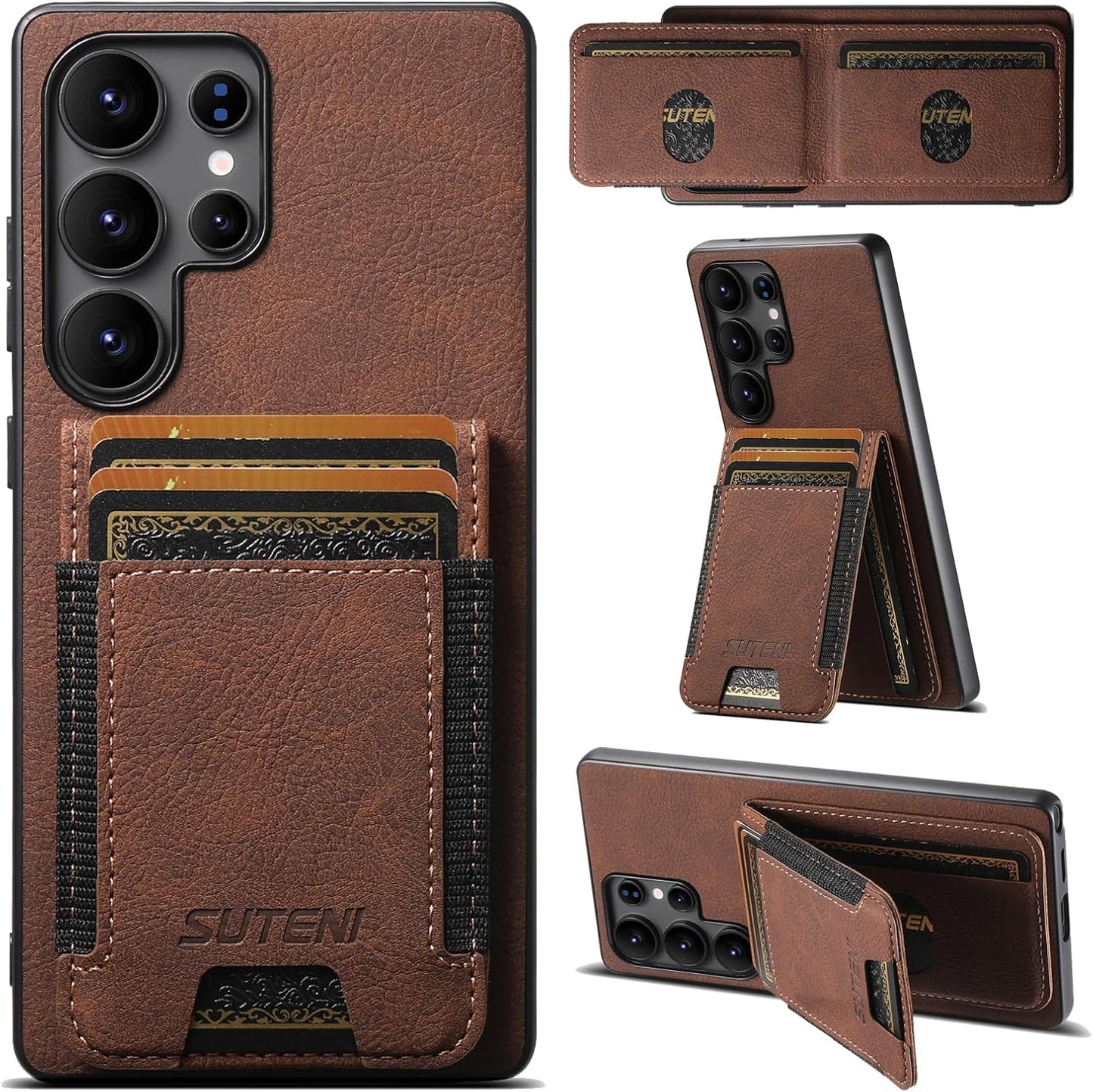 iTape Litchi Texture Phone Case for Samsung Galaxy S25 Ultra - Ultra-thin Simple Card Holder Phone Case with Stand Durable Buffer [Shockproof TPU Inner Shell] Black