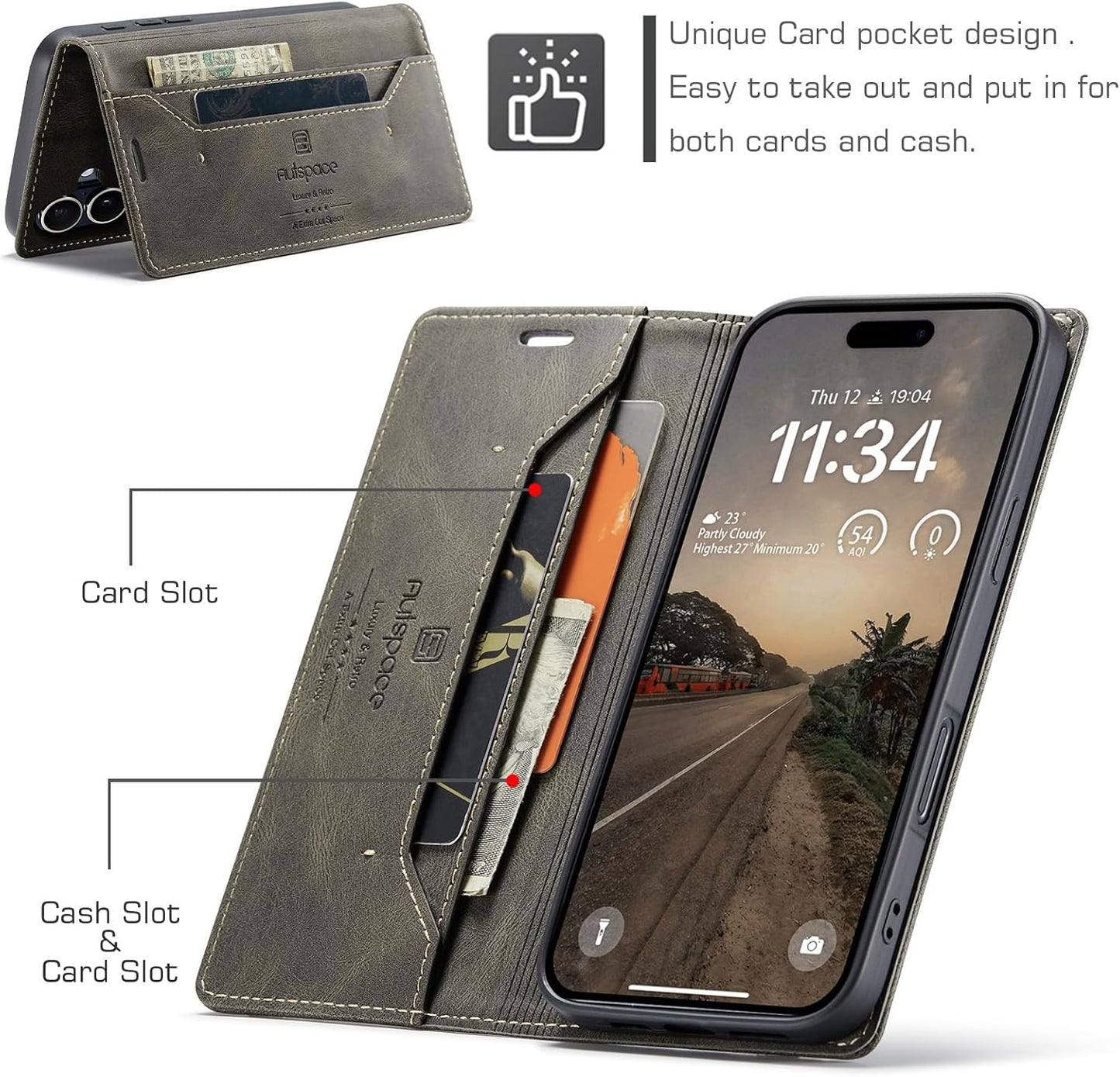 Retro frosted soft leather mobile phone case for iPhone 16, RFID (anti-theft swipe), wallet card slot flip cover stand, Red