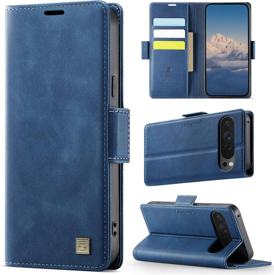 iTape Soft leather wallet case for Google Pixel 9, RFID (anti-theft), wallet card slot flip cover stand for Google Pixel 9 Support wireless charging Blue