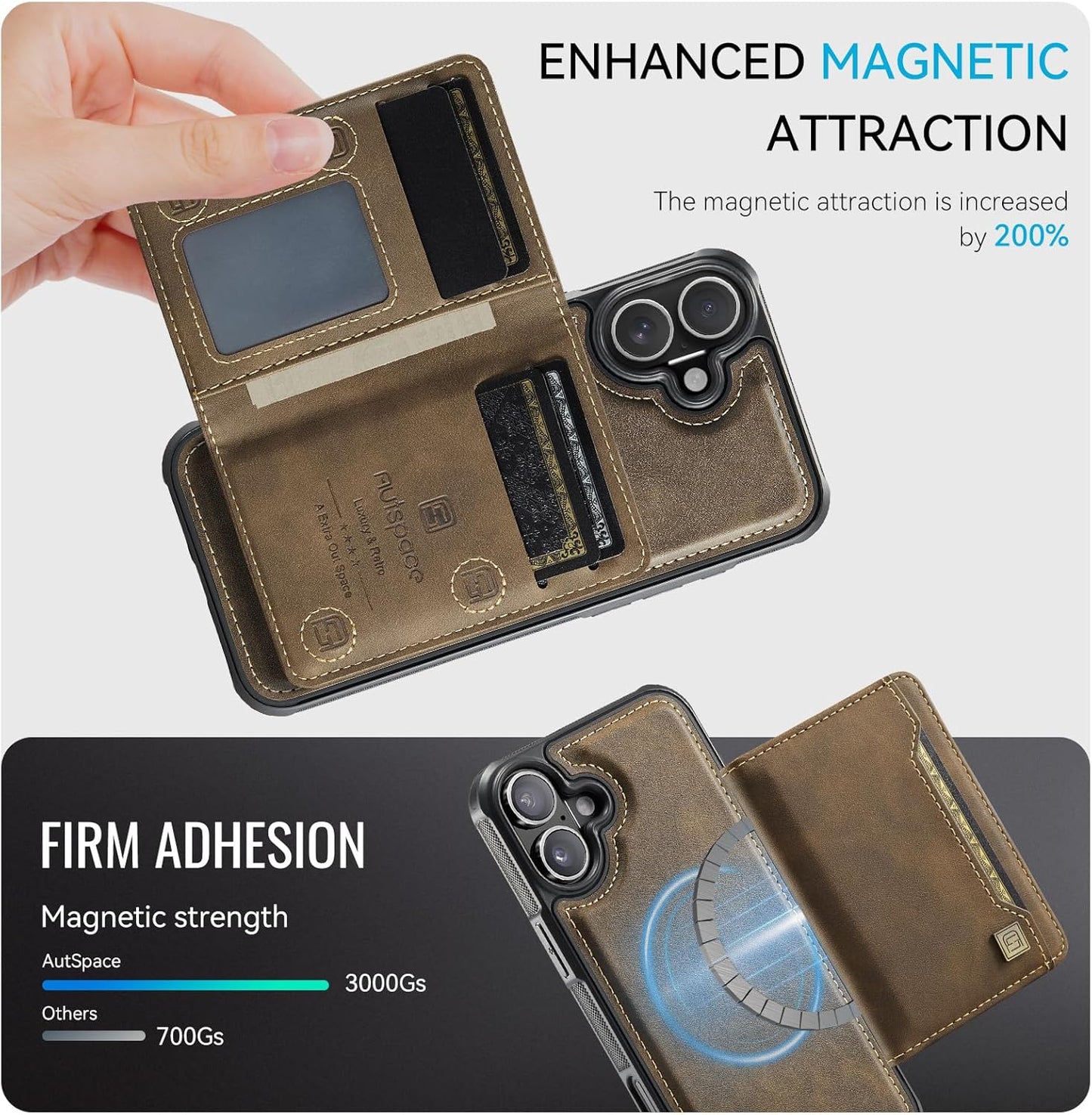 Double magnetic card holder mobile phone case for iPhone 16, RFID (anti-theft), supports car magnetic suction function + multi-directional bracket Blue