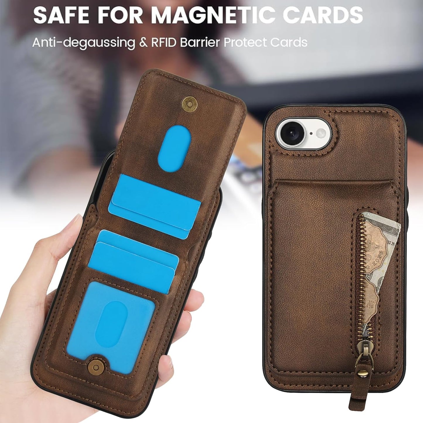 Magnetic card holder phone case suitable for iPhone 16E, zipper magnetic split magnetic wallet with adjustable bracket