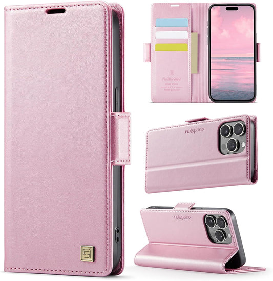 Soft leather wallet case for iPhone 15 Pro max, RFID (anti-theft), wallet card slot flip cover stand for iPhone 15 Pro max Support wireless charging Rose Gold