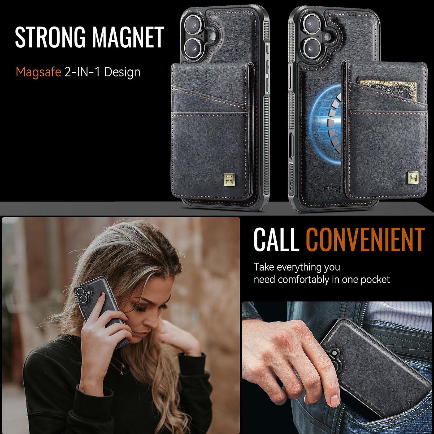 Up and down card holder mobile phone case suitable for iPhone 16 Plus, RFID (anti-theft), supports car magnetic suction function, card slot wallet holder Brown