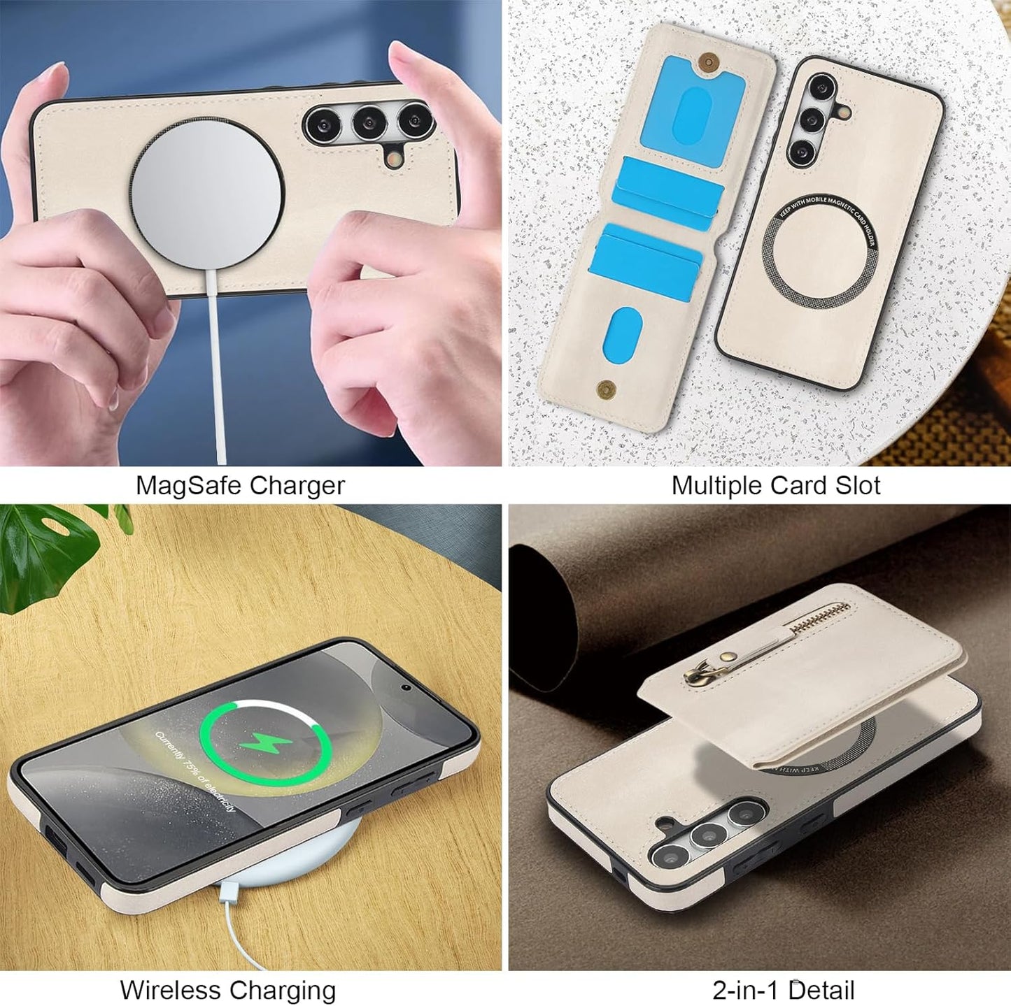 iTape Magnetic card holder phone case suitable for Samsung Galaxy S24+, zipper magnetic split magnetic wallet with adjustable bracket Blue