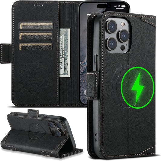 Wallet Case for iPhone 13 Pro Magsafe Charger Compatible, Magnetic Buckle Leather Case, Card Slot Stand Shock Cover Black