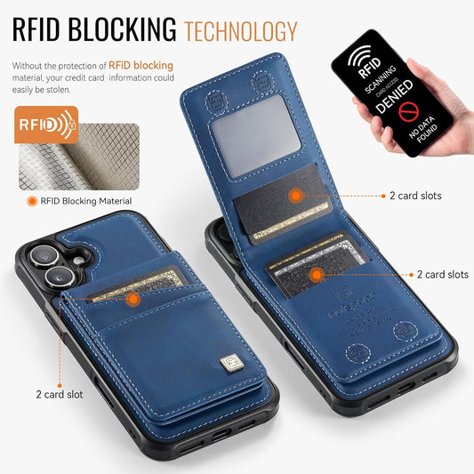 Up and down card holder mobile phone case suitable for iPhone 16, RFID (anti-theft), supports car magnetic suction function, card slot wallet holder Blue