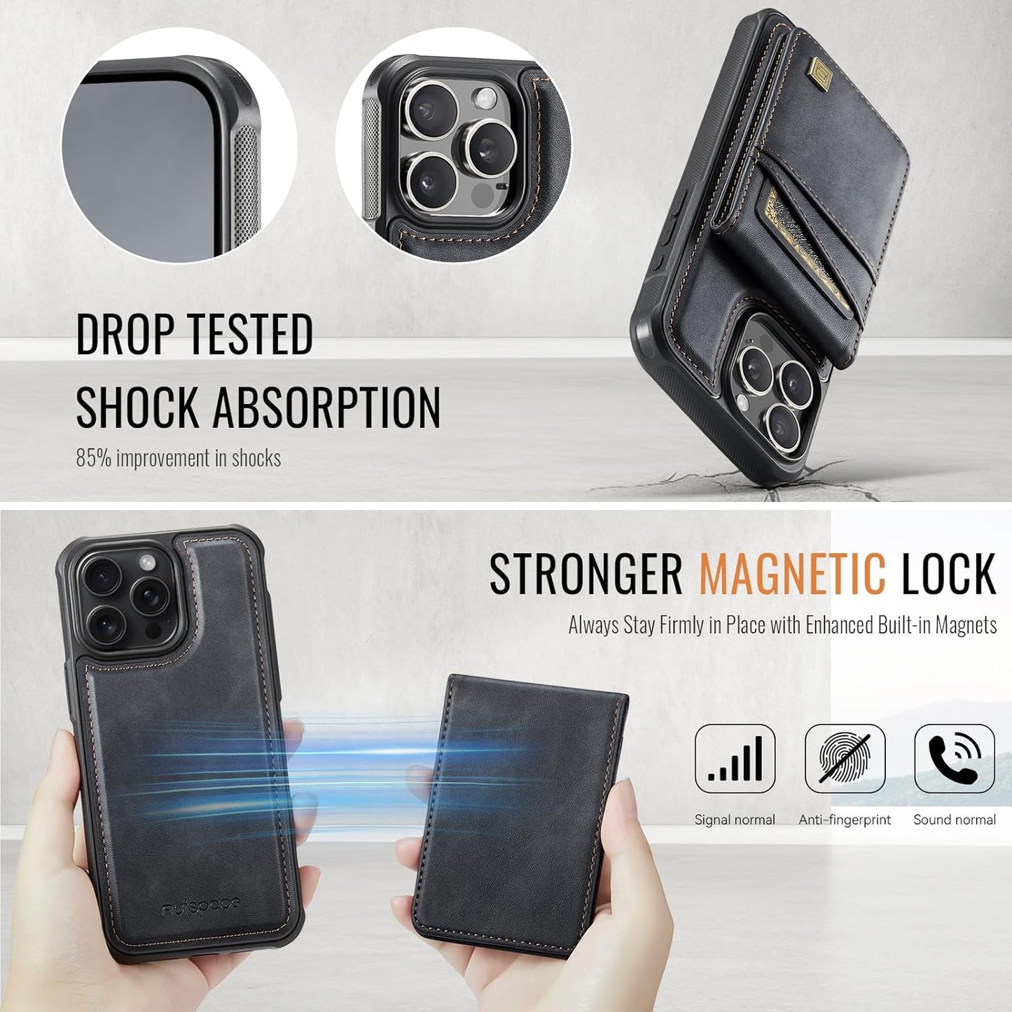 Up and down card holder mobile phone case suitable for iPhone 14 Pro max, RFID (anti-theft), supports car magnetic suction function, card slot wallet holder Black