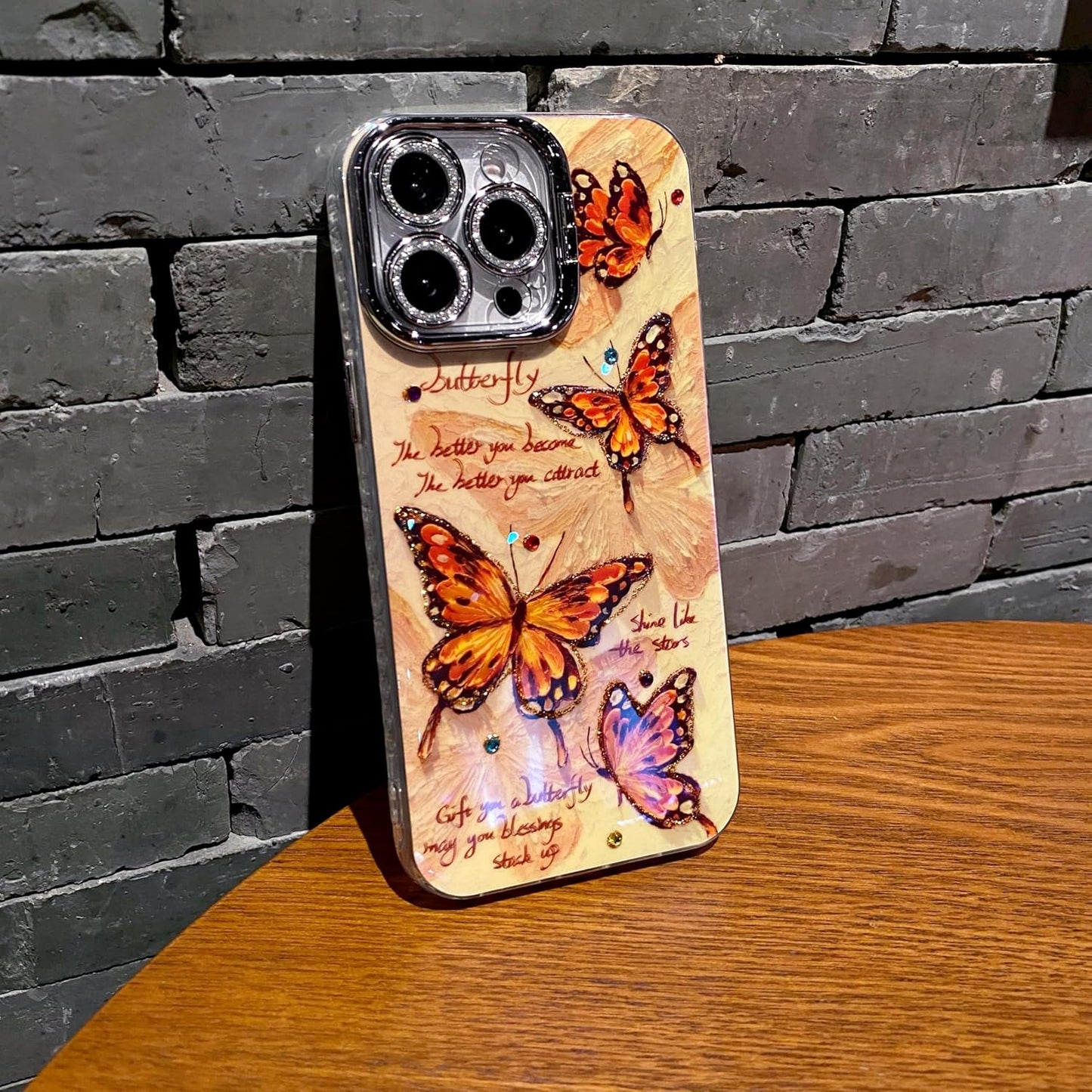 Leopard Brown Butterfly Case for iPhone 16 Pro max, Shock and Drop Resistant Case with Silver Grey Glitter Lens Protection + Stand