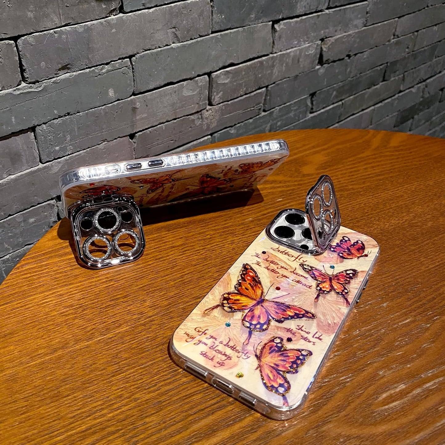 Leopard Brown Butterfly Case for iPhone 16 Pro, Shock and Drop Resistant Case with Silver Grey Glitter Lens Protection + Stand