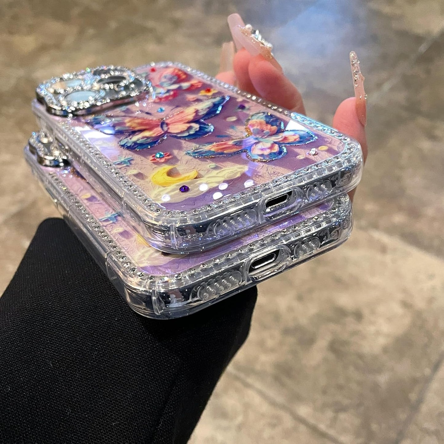 3D Stereoscopic colourful clouds butterfly case for iPhone 16 Pro, shockproof and drop-proof case, full of diamonds lens protection phone case