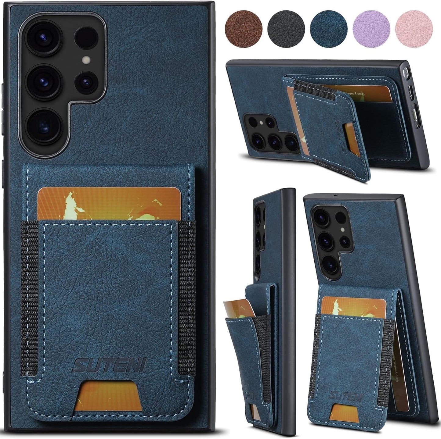 iTape Litchi Texture Phone Case for Samsung Galaxy S23 Ultra - Ultra-thin Simple Card Holder Phone Case with Stand Durable Buffer [Shockproof TPU Inner Shell] Blue