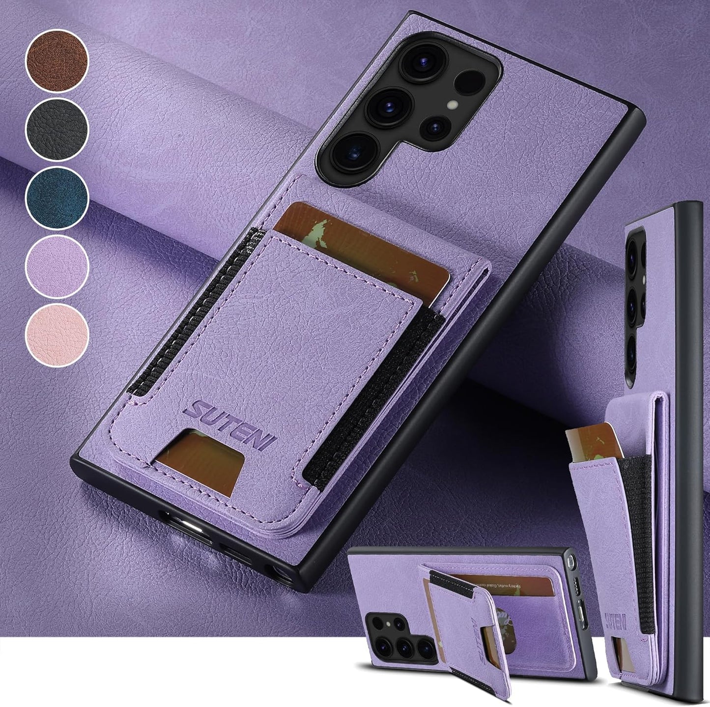 iTape Litchi Texture Phone Case for Samsung Galaxy S23 Ultra - Ultra-thin Simple Card Holder Phone Case with Stand Durable Buffer [Shockproof TPU Inner Shell] Blue