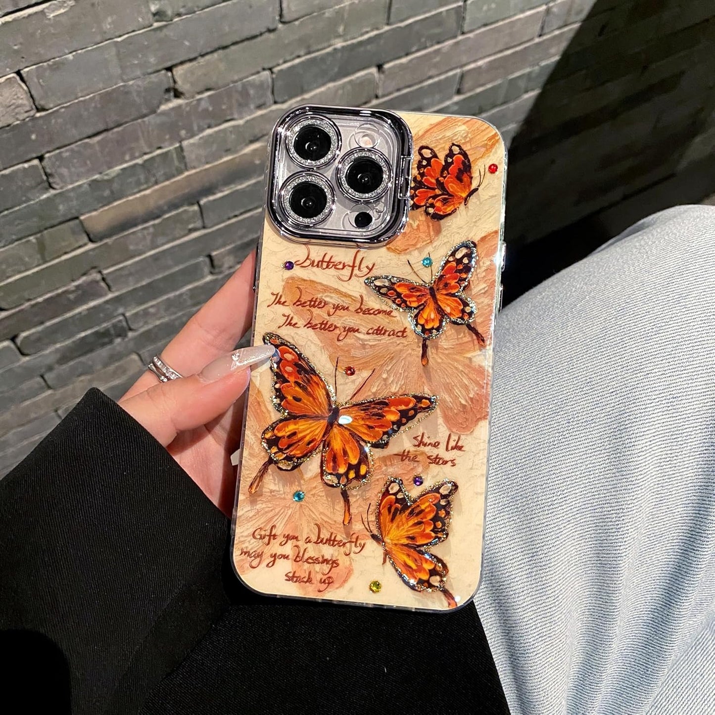 Leopard Brown Butterfly Case for iPhone 14 Pro max, Shock and Drop Resistant Case with Silver Grey Glitter Lens Protection + Stand