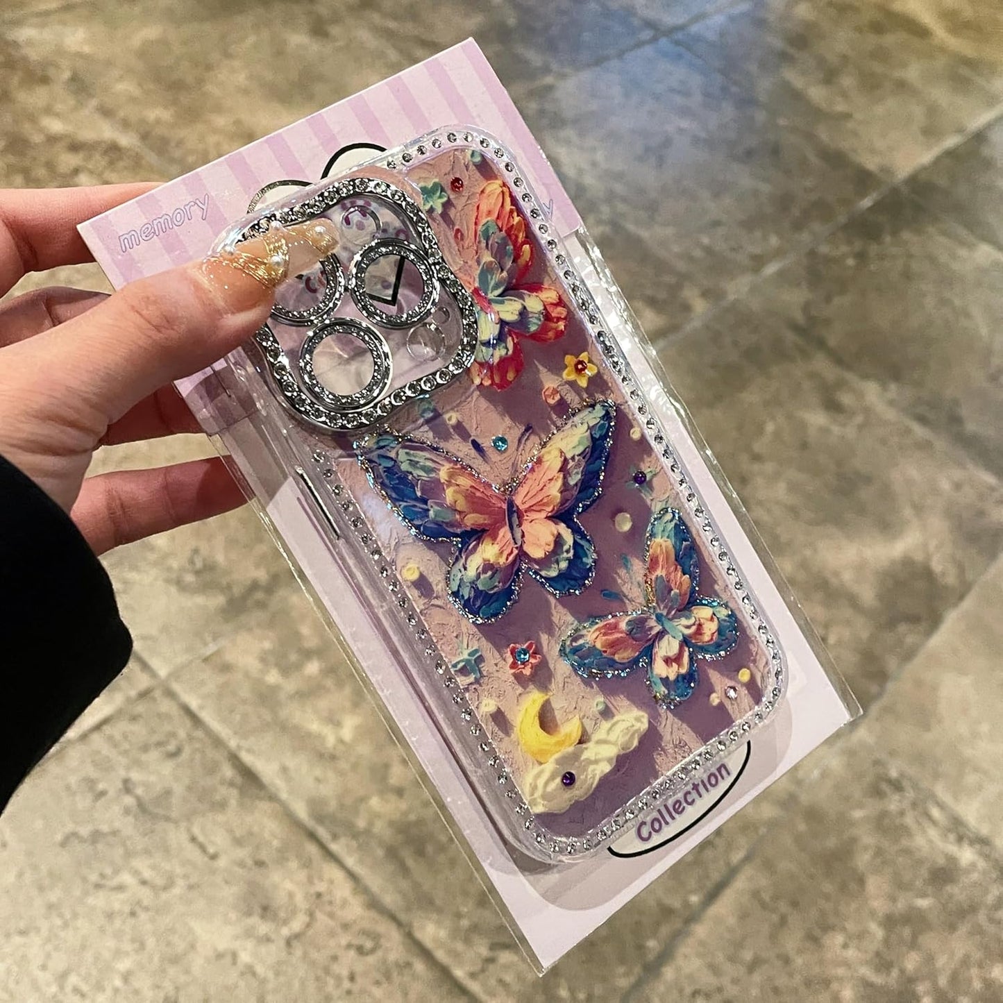 3D Stereoscopic colourful clouds butterfly case for iPhone 16 Pro, shockproof and drop-proof case, full of diamonds lens protection phone case